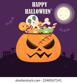 Halloween pumpkin with candies. Cartoon pumpkin vector illustration. Pumpkin trick or treat Halloween pumpkin, lollipop and candy