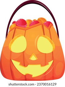 Halloween pumpkin with candies cartoon vector illustration. Decoration for Halloween or witchcraft game. 