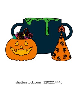 halloween pumpkin with candies and cauldron