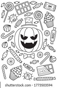 Halloween pumpkin and candies doodle coloring book page. Antistraess for adults. Stock vector illustration