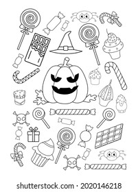 Halloween pumpkin and candies doodle coloring book page for adults. Trick or Treat background for kids.