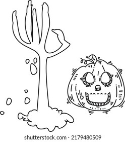 Halloween pumpkin and candies doodle coloring book page. Antistraess for adults. Stock vector illustration. Halloween background cemetery and crypts with Halloween pumpkins outlined for coloring page