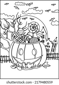 Halloween pumpkin and candies doodle coloring book page. Antistraess for adults. Stock vector illustration. Halloween background cemetery and crypts with Halloween pumpkins outlined for coloring page