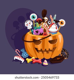 Halloween pumpkin with candies. Scary basket with trick or treat sweets. Creepy bag. Autumn holiday. Sugar lollipops. Bloody cupcakes. Spooky ghost cookies. Splendid