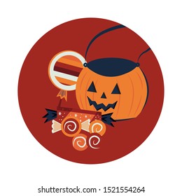 halloween pumpkin and candies scene vector illustration design