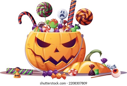 Halloween Pumpkin With Candies.  Pumpkin Trick Or Treat Bag. Halloween Pumpkin, Lollipop And Candy. Cartoon Sweets Pumpkin Basket, Lollipops,treats And Candy Cane Vector Illustration.