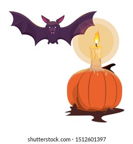 halloween pumpkin with candle and bat vector illustration design