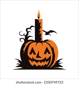 Halloween pumpkin with candle. Isolated on white background. Flat style vector illustration.