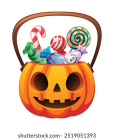 Cubo de caramelo de calabaza de Halloween con cara tallada, llena de caramelos y golosinas. Vector ilustración de dibujos animados