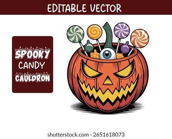 Vetor de balde de doces de abóbora de Halloween, cesta de doces para festas infantis, truques ou doces, ou decoração.
