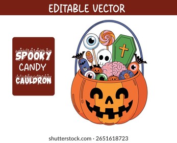 Vetor de balde de doces de abóbora de Halloween, cesta de doces para festas infantis, truques ou doces, ou decoração.