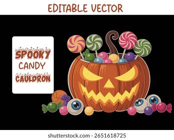 Vetor de balde de doces de abóbora de Halloween, cesta de doces para festas infantis, truques ou doces, ou decoração.