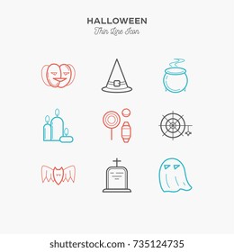 Halloween, pumpkin, candy and more, thin line color icons set, vector illustration