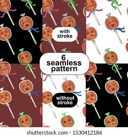 Halloween pumpkin candy patterns. Three patterns with a stroke and three patterns without a stroke on brown, black and transparent backgrounds.