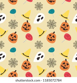Halloween pumpkin candy web and ghost seamless pattern. vector illustration for fashion textile print and wrapping with festive design.