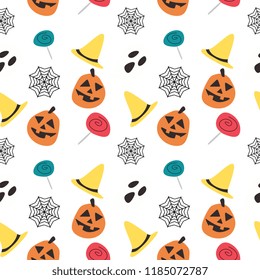 Halloween pumpkin candy witch hat and web seamless pattern. vector illustration for fashion textile print and wrapping with festive design.