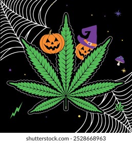 Halloween Pumpkin and cannabis Vector Set. Funny halloween icons with spider web, pumpkin, cannabis leaf, mushrooms and more