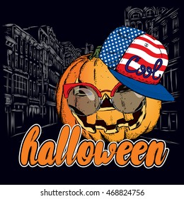 Halloween pumpkin in a cap and glasses on a city street. Vector illustration for greeting card, poster, or print on clothes. Autumn holiday.