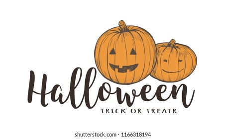 Halloween pumpkin card vector illustration. Halloween hand drawing on a white background. trick or treat