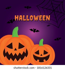 Halloween pumpkin cartoon with bats and spiderweb design, Holiday and scary theme Vector illustration