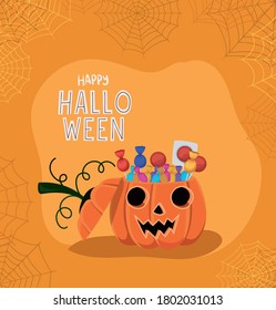 Halloween pumpkin cartoon with candies and spiderwebs design, Holiday and scary theme Vector illustration