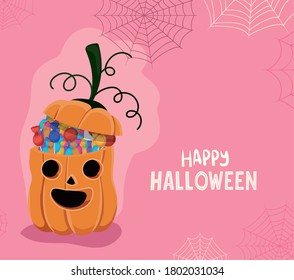 Halloween pumpkin cartoon with candies and spiderwebs design, Holiday and scary theme Vector illustration