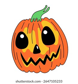 Halloween Pumpkin Cartoon Character Face. Smiley Pumpkin Vegetable Traditional Halloween Holiday Mascot Head. Funny Monster Mask Doodle Symbol. Jack Spooky Head Icon. Cute Comic Autumn Halloween Party