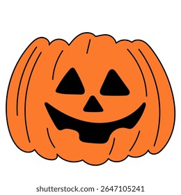 Halloween Pumpkin Cartoon Character Face. Smiley Pumpkin Vegetable Traditional Halloween Holiday Mascot Head. Funny Monster Mask Doodle Symbol. Jack Spooky Head Icon. Cute Comic Autumn Halloween Party