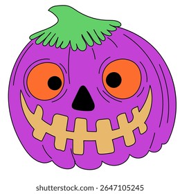 Halloween Pumpkin Cartoon Character Face. Smiley Pumpkin Vegetable Traditional Halloween Holiday Mascot Head. Funny Monster Mask Doodle Symbol. Jack Spooky Head Icon. Cute Comic Autumn Halloween Party
