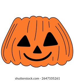 Halloween Pumpkin Cartoon Character Face. Smiley Pumpkin Vegetable Traditional Halloween Holiday Mascot Head. Funny Monster Mask Doodle Symbol. Jack Spooky Head Icon. Cute Comic Autumn Halloween Party
