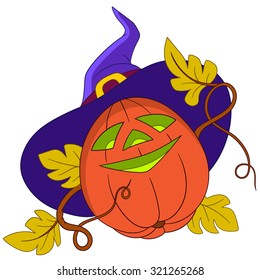 Halloween pumpkin. Cartoon character isolated on white background. Colorful design for kids activity book, coloring page, colouring picture. Vector illustration for children.
