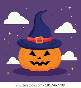 caricatura de calabaza de halloween con diseño de nubes, feliz fiesta y temible tema Vector ilustración
