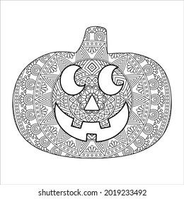 Halloween pumpkin cartoon coloring book page. Outline black and white illustration.