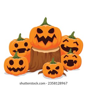 Halloween pumpkin cartoon with different smile, isolated on white background