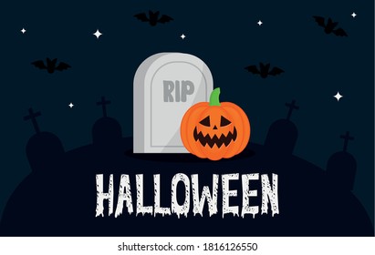 Halloween pumpkin cartoon with grave and bats design, Holiday and scary theme Vector illustration