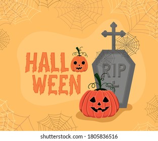 Halloween pumpkin cartoon with grave design, Holiday and scary theme Vector illustration