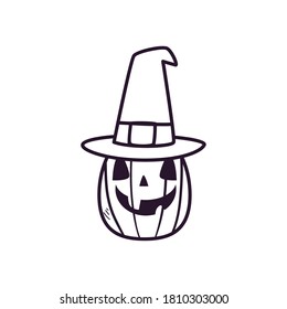 Halloween pumpkin cartoon with hat free form line style icon design, Holiday and scary theme Vector illustration