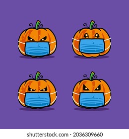 halloween pumpkin cartoon illustration wearing a mask to take care of health