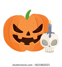 halloween pumpkin cartoon and skull candle design, happy holiday and scary theme Vector illustration