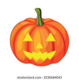 Calabaza de Halloween en estilo de dibujos animados. Ilustración vectorial de una calabaza divertida naranja con hendiduras para ojos, nariz, boca aislada sobre fondo blanco. Jack-o'-lantern. Símbolo de Halloween.