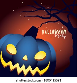 Halloween pumpkin cartoon at tree design, Holiday and scary theme Vector illustration