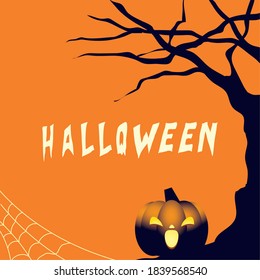 Halloween pumpkin cartoon at tree design, Holiday and scary theme Vector illustration