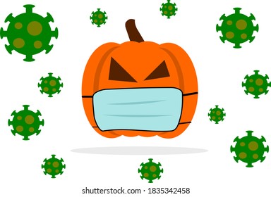 halloween pumpkin cartoon vector wearing face mask and surrounded by virus