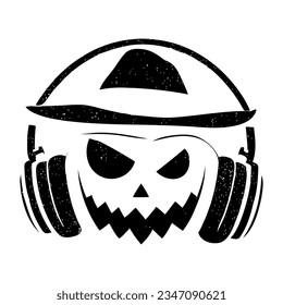 Halloween pumpkin cartoon wearing music headphones  black silhouette transparent background