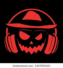 Halloween pumpkin cartoon wearing music headphones  vector drawing