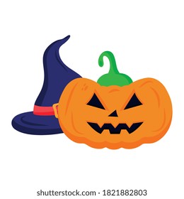 halloween pumpkin cartoon with witch hat design, happy holiday and scary theme Vector illustration