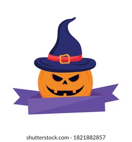 halloween pumpkin cartoon with witch hat design, happy holiday and scary theme Vector illustration