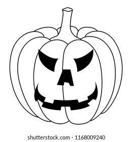 Halloween pumpkin. Carved angry face. Black and white doodle. Vector illustration isolated on white background