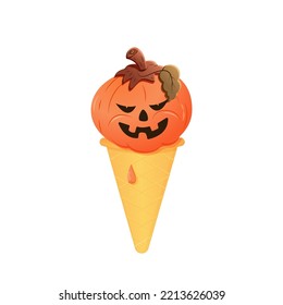 Halloween pumpkin with a carved evil face in the form of ice cream in a cup. Halloween holiday concept. Stock vector illustration of pumpkin head in the form of ice cream in a waffle cup. 