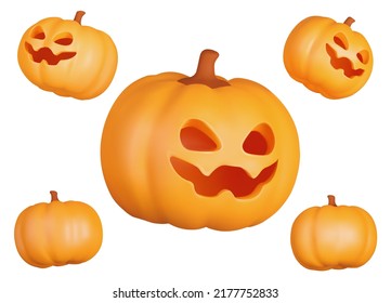 Halloween Pumpkin. A carved face in a pumpkin, an evil face. From different sides. Isolated 3d objects on a transparent background